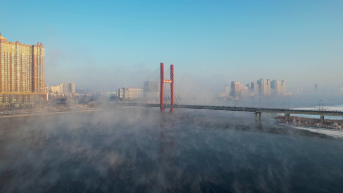 吉林雾凇冬季松花江风光临江门大桥航拍
