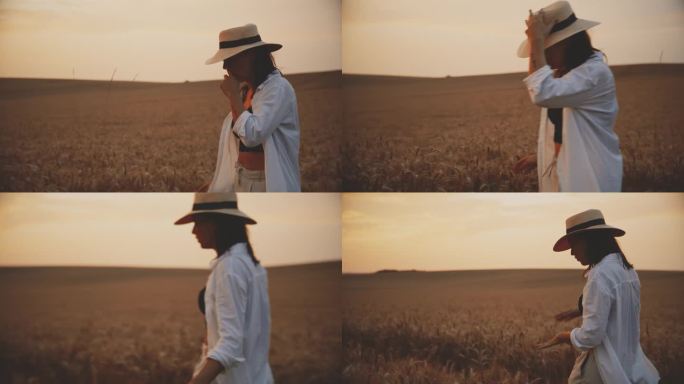 在日落时分，快乐的女士在美丽的小麦农场享受宁静的散步