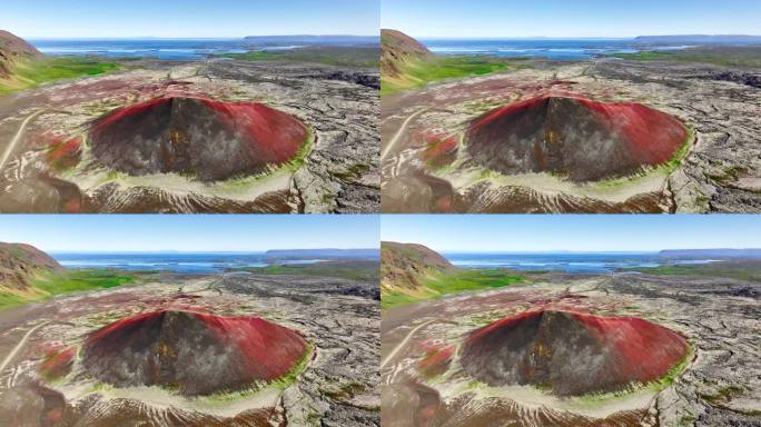 死火山，春天被苔藓覆盖的火山。冰岛的纯净自然，地球上地热活动的痕迹，史诗级鸟瞰图4k