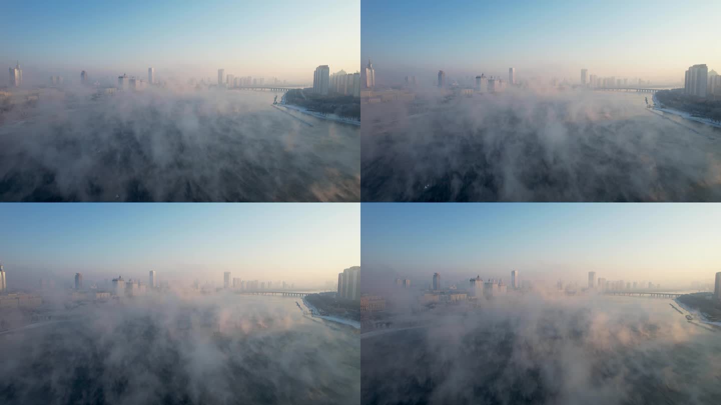 吉林雾凇城市建筑冬季松花江风光航拍