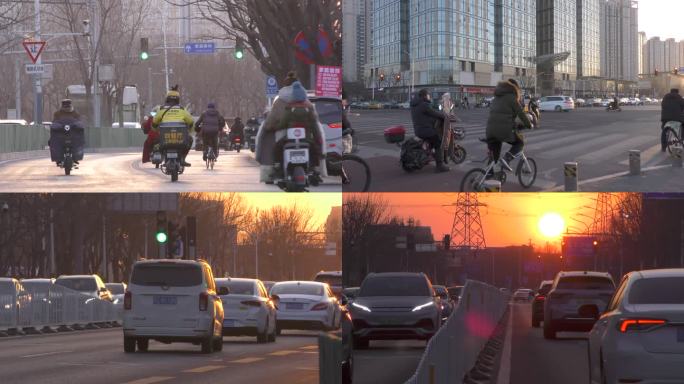 城市夕阳街道车流行人骑行下班晚夕阳过马路