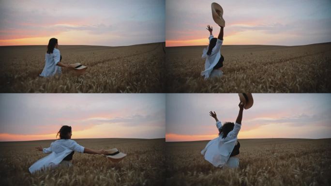 日落时分，拿着帽子在麦田里奔跑的快乐女子