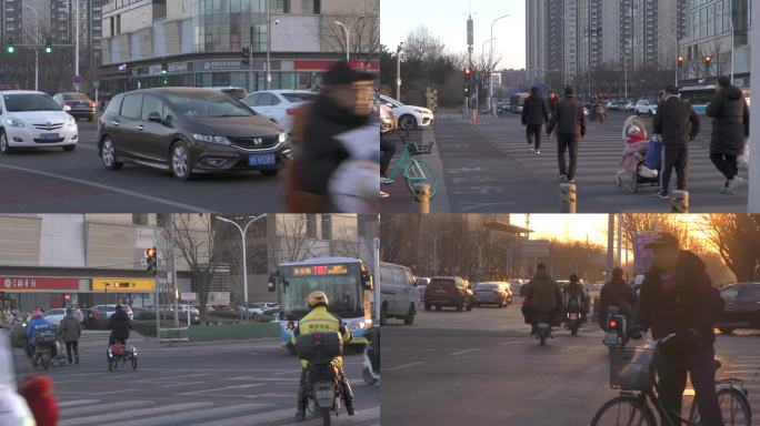 城市夕阳骑自行车骑电瓶车冬日暖阳繁忙的人