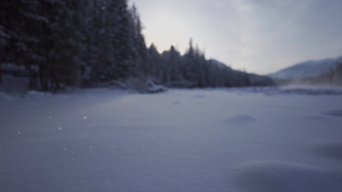 清晨新疆喀纳斯河边的白雪