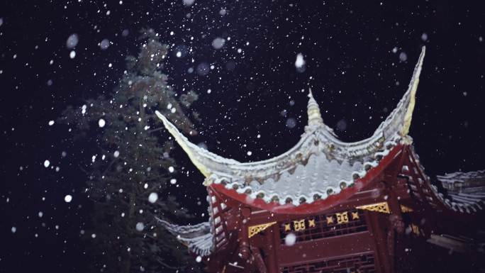 寒冷冬季夜晚下雪雪花飞舞亭台楼阁