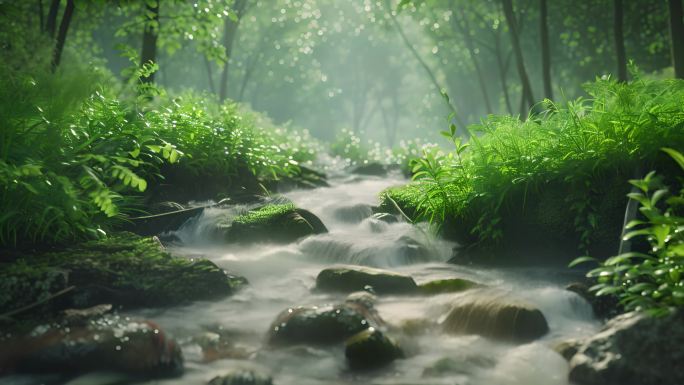 森林小溪壮丽瀑布