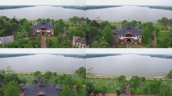 无人机拍摄的Palic湖塞尔维亚，大露台，公园和长廊在阴天