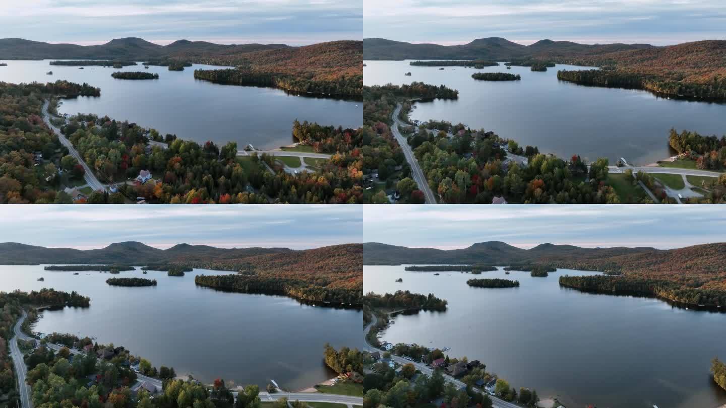 宁静的风景蓝山湖在纽约，美国-航拍。秋天的颜色。