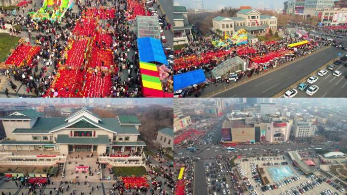 济宁新年初一人群热闹场景城市航拍素材