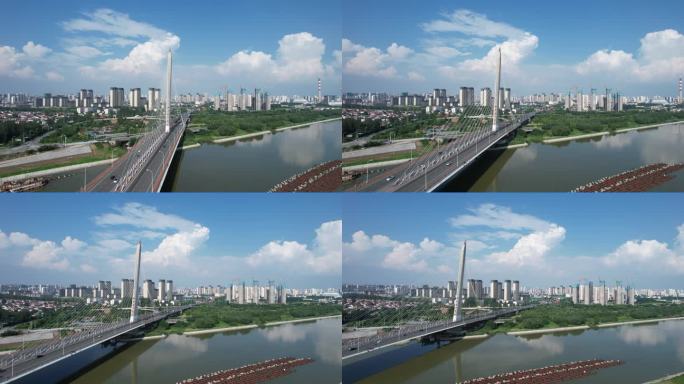 济宁兴唐运河大桥蓝天白云航拍宣传片素材