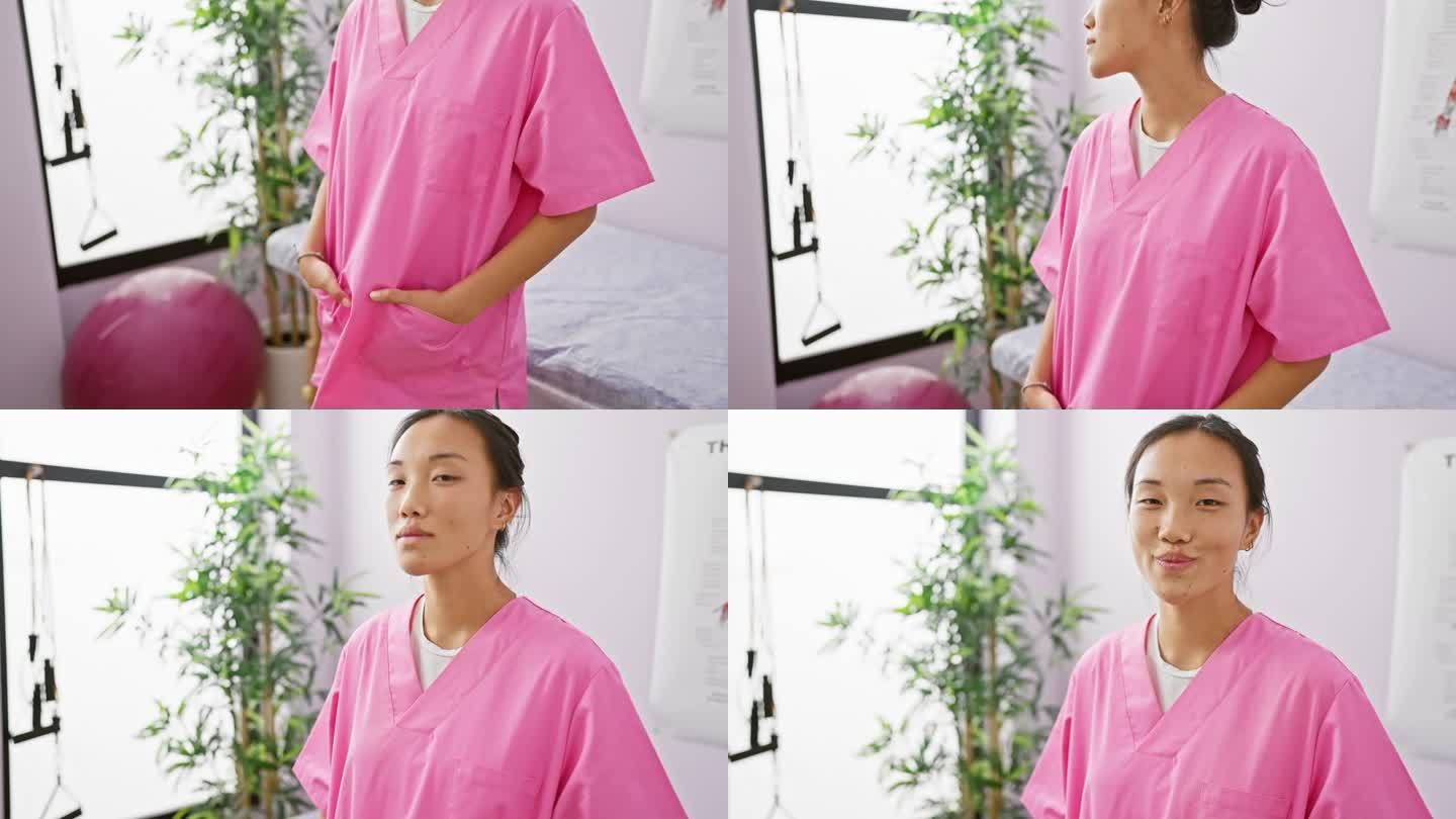 一名身穿粉色医疗磨砂服的亚洲女性在诊所室内摆出平静的微笑和放松的姿势，唤起了一种医疗专业和平静的感觉