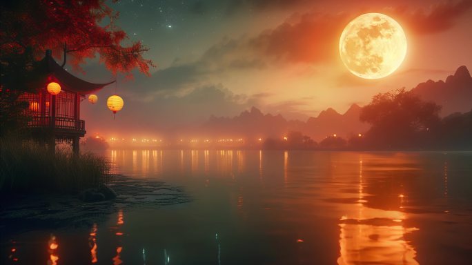 古风湖边月色月圆明月氛围唯美背景大屏