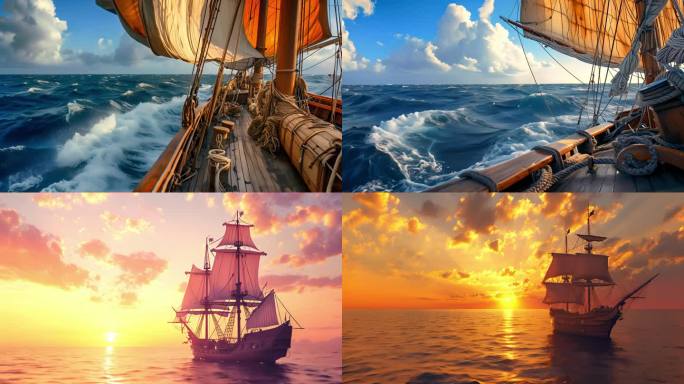 帆船乘风破浪大海航行古代船只商贸丝绸之路