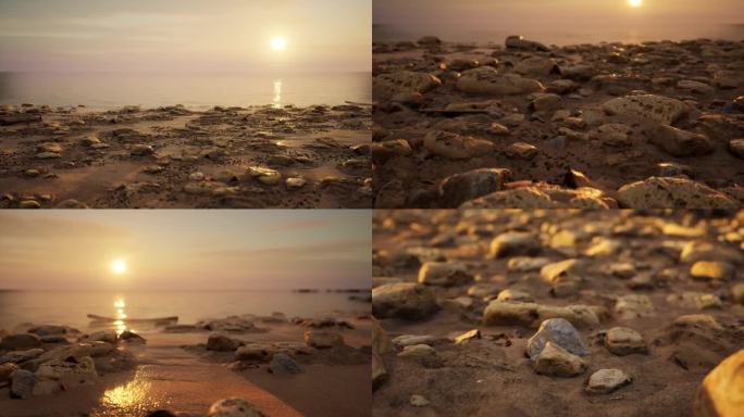 夕阳海滩岩石