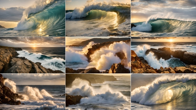 海洋巨浪翻滚波涛汹涌海浪撞击礁石
