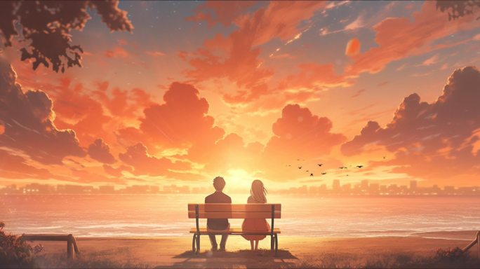 情侣海边看夕阳 温馨场景 浪漫大屏背景