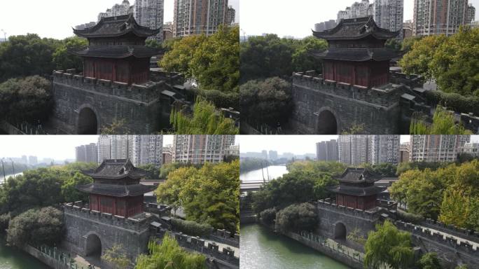 航拍拉远全景侧面杭州古城门之一庆春门
