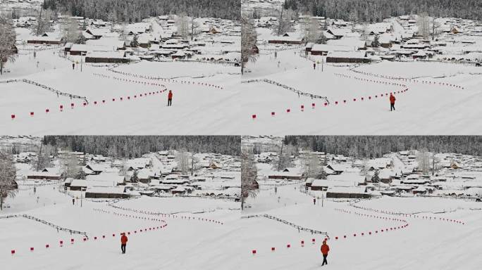 男人走在新疆白哈巴村的雪地上
