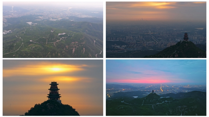 北京航拍西山定都阁俯瞰城市晨曦光影