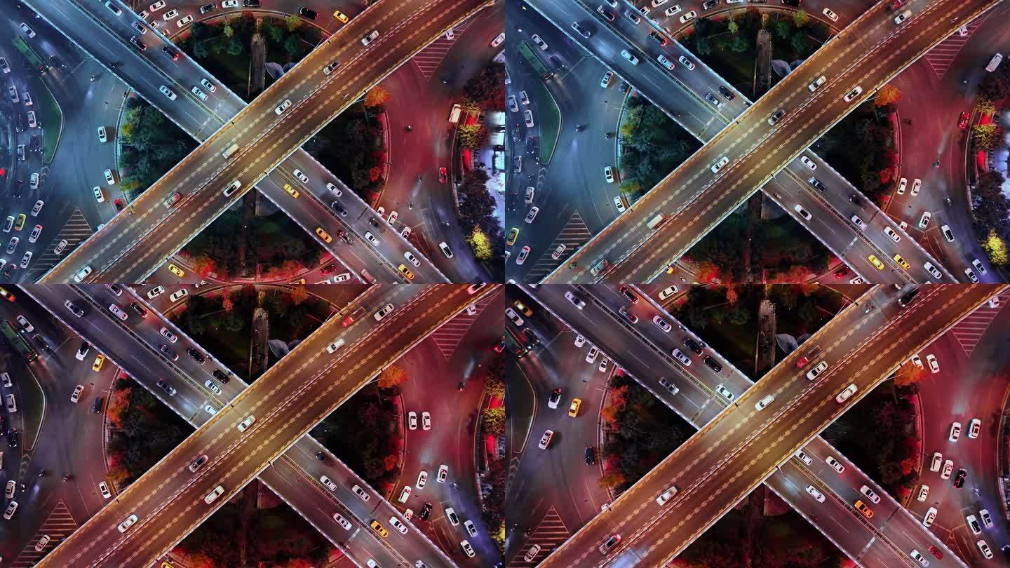 俯拍城市高架桥环岛转盘车流交通
