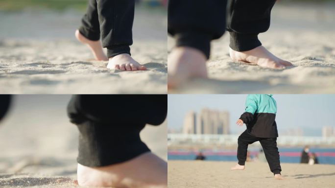 小朋友沙滩赤脚走路 踢沙子