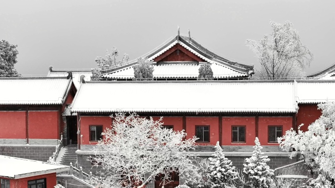 古建筑寺庙冬季雪景航拍素材