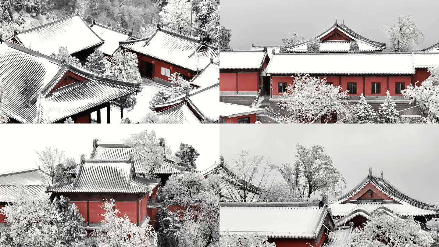 古建筑寺庙冬季雪景航拍素材