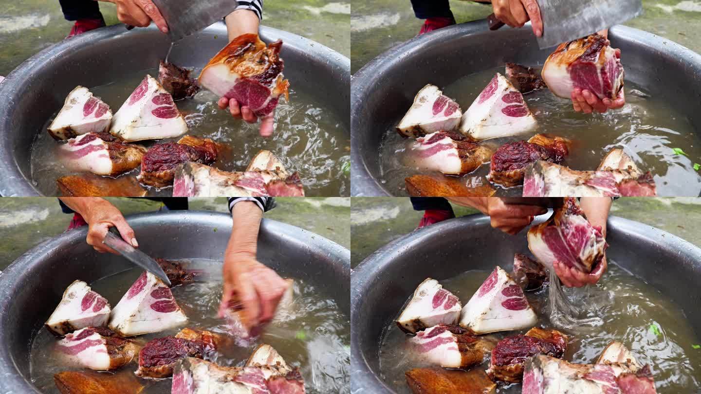 农村洗切加工猪肉腊肉