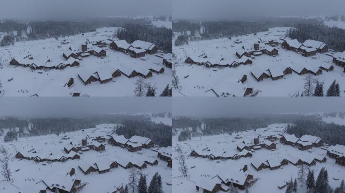 航拍大雪纷飞的新疆喀纳斯景区换乘中心