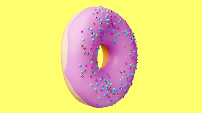 粉红色的甜甜圈与洒落在黄色背景旋转。无缝循环的甜甜圈旋转。3d渲染动画糕点和糖果