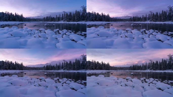 8K清晨新疆喀纳斯河雪景延时