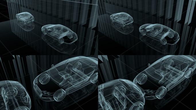 蓝色科技透视线框汽车行驶撞击C4D动画