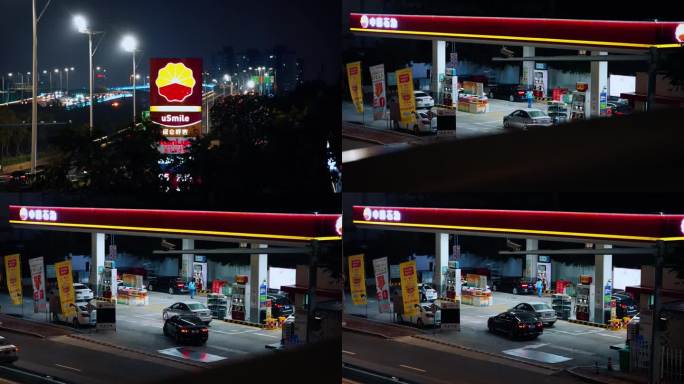 4K夜晚中国石油加油站