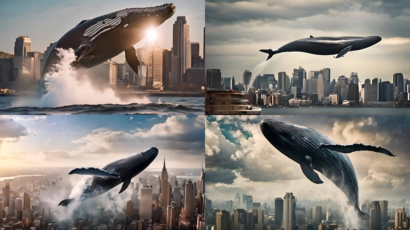 鲸鱼跳跃 鲸鱼在城市上空遨游