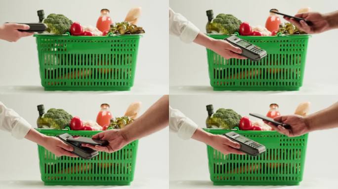 食品配送，店内智能手机支付。在超市买吃的。青菜篮用新鲜蔬菜，商品齐全。
