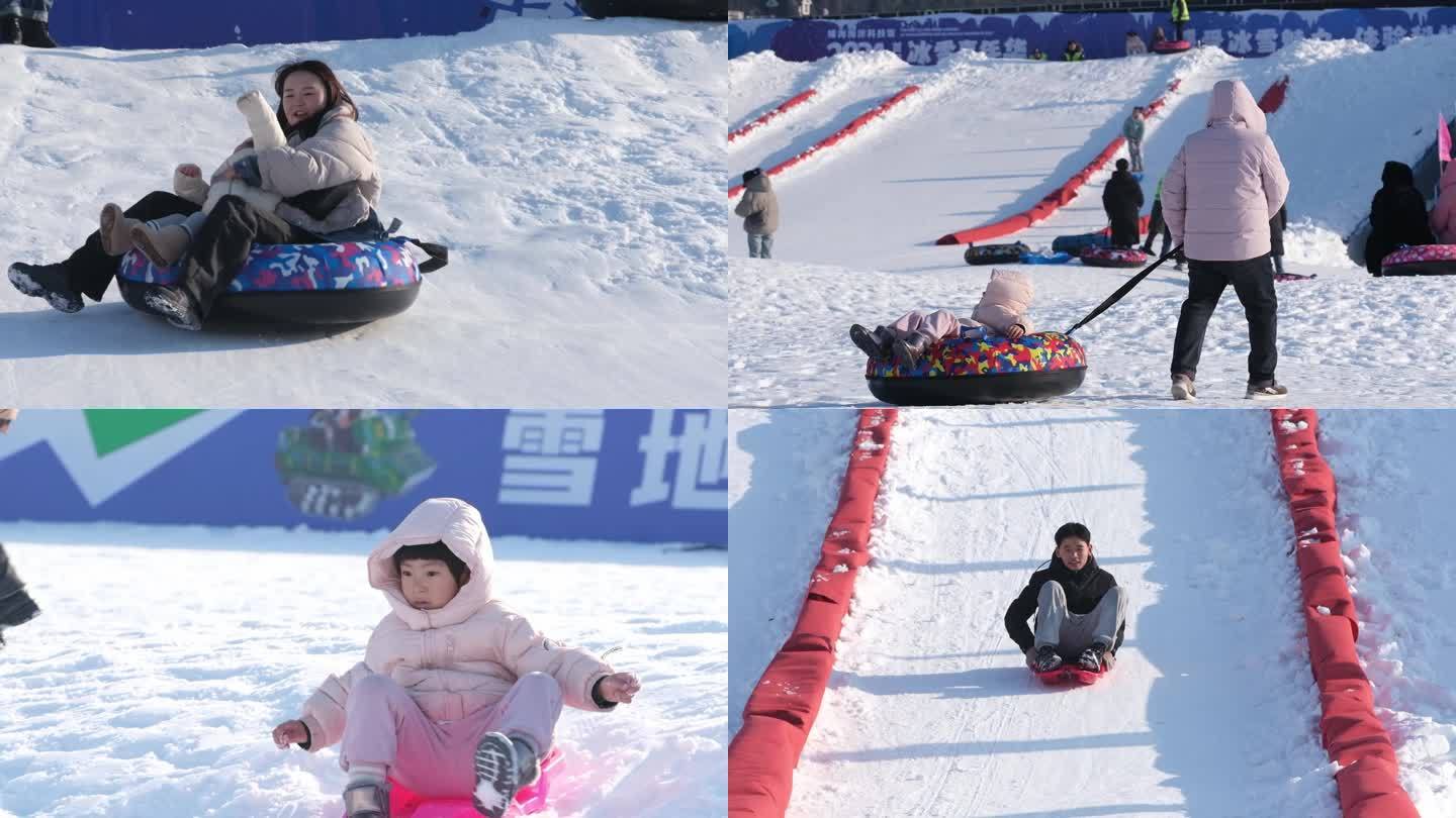 冬天小孩滑雪玩耍