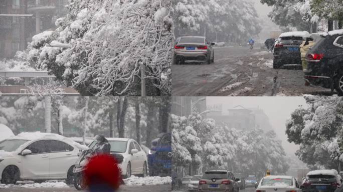 风雪中的市民骑车艰难前行升格空镜