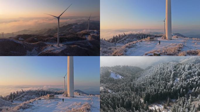 雪景广西风电站下雪风光纪录片航拍片头山顶