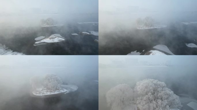 吉林雾凇树挂松花江冬季风光航拍