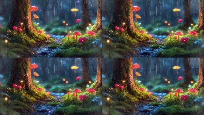 4K大屏雨天唯美梦幻森林蘑菇抒情雨滴背景