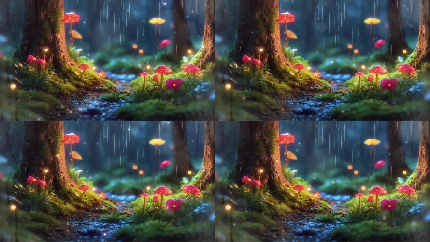4K大屏雨天唯美梦幻森林蘑菇抒情雨滴背景
