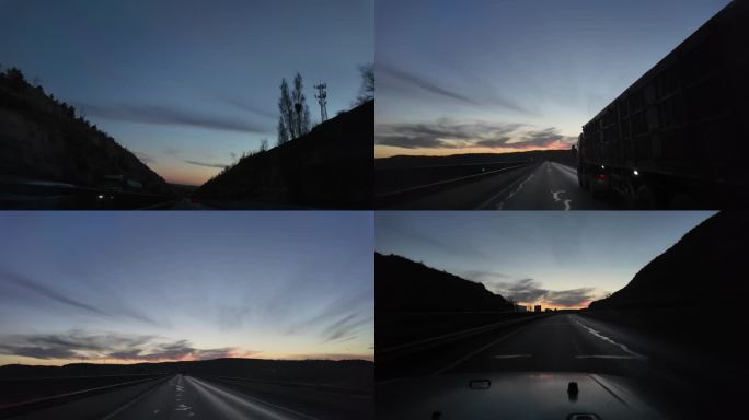 黄昏汽车行驶在高速公路