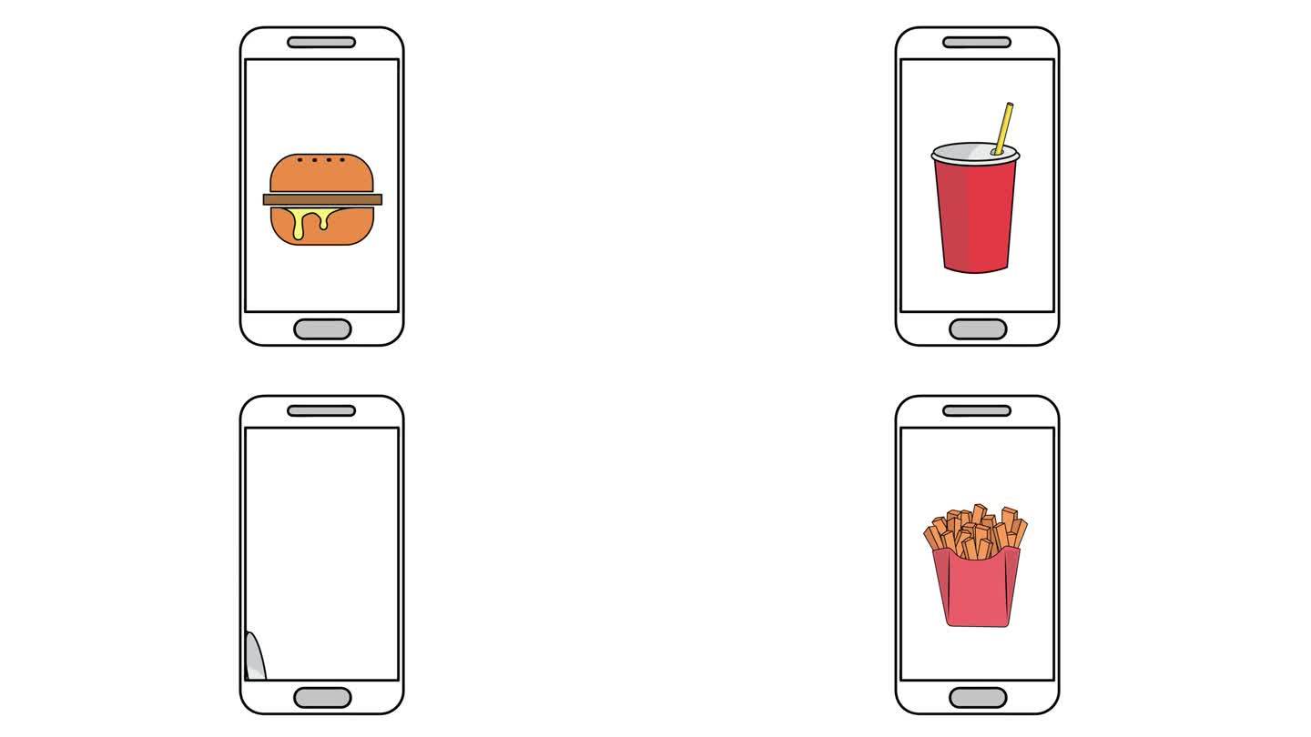 在手机上选择食物。汉堡包、可乐、薯条、饼干。4K视频插图。
