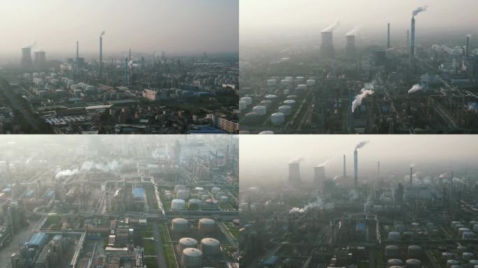 大型工业生产工厂烟囱炊烟环境污染航拍