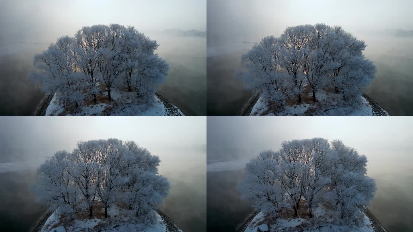 吉林雾凇树挂松花江冬季风光航拍