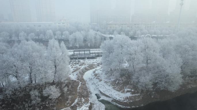 吉林雾凇树挂松花江冬季风光航拍