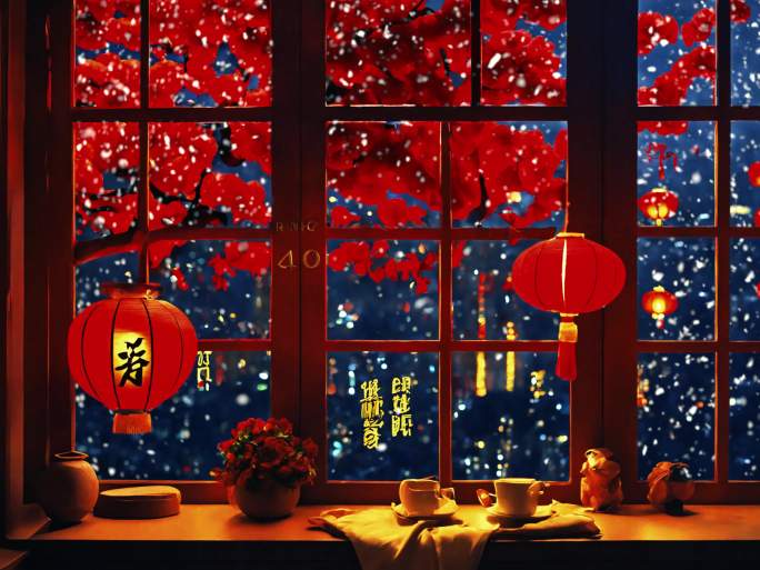 家温馨窗户温暖窗外下雪过年装饰灯笼新年