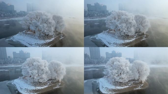 吉林雾凇树挂松花江冬季风光航拍