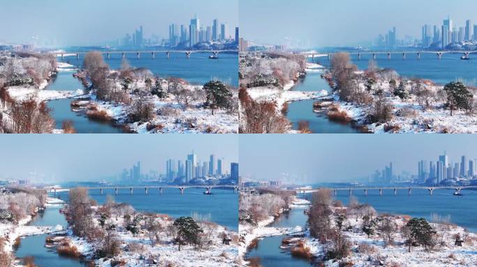 4k长沙橘子洲猴子石大桥雪景航拍