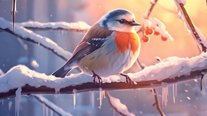 冬天下雪雪花树枝小鸟鸟儿特写